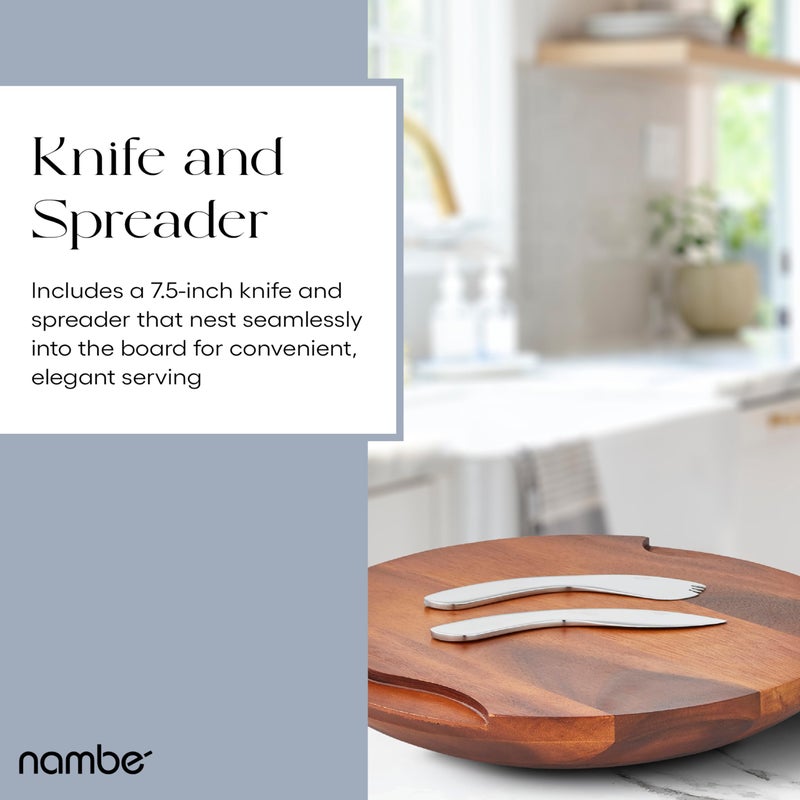 Nambe NambÃ© Cheese Block and Knife Set â€“ Round Acacia Wood Board Featuring Stainless Steel Details, Contemporary Tray with Spreader, Stylish Table Accent for Parties, Gatherings, and Dining - Image 2